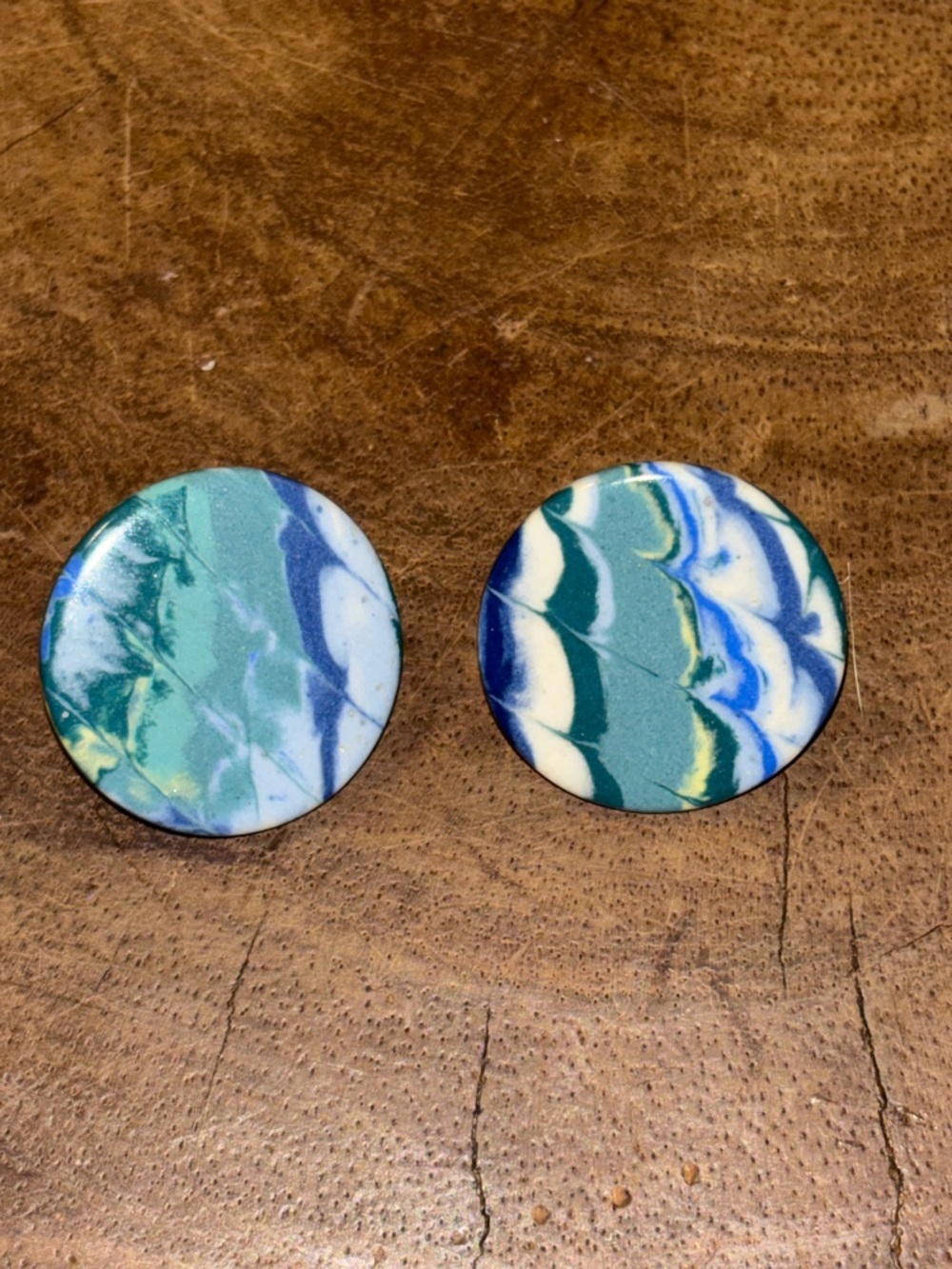 Modern Marbled Abstract Clip-On Earrings – Artisanal Blue & Seafoam Swirl